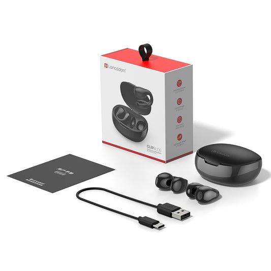 Open-ear bone conduction earbuds with Bluetooth 5.3 and wireless clip-on design.